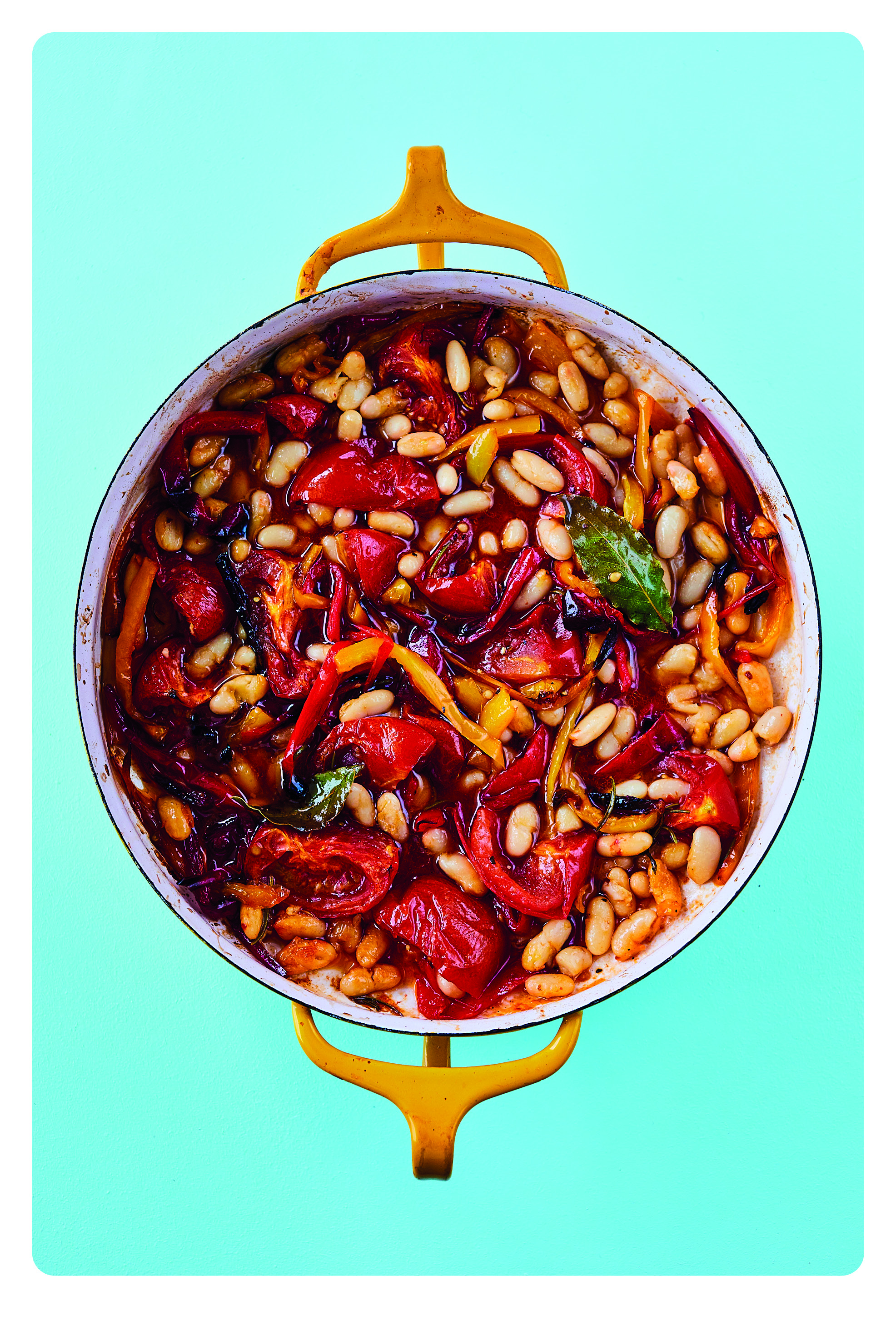 Slow roasted peppers with chilli, lemon & garlic beans